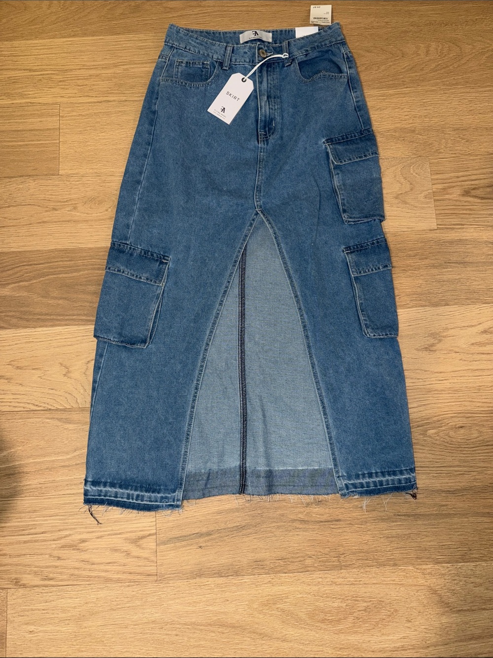 Denim Cargo Midi Skirt with Front Slit - Blue